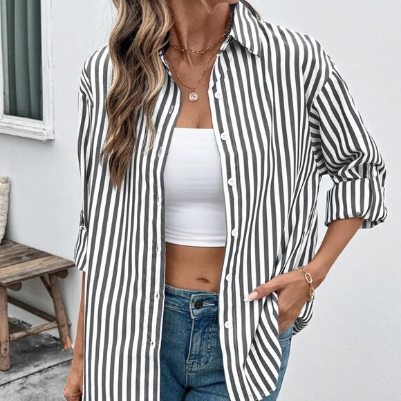Perfee Tops - ✨NWT Boutique Striped Oversized Button-Up Shirt‎